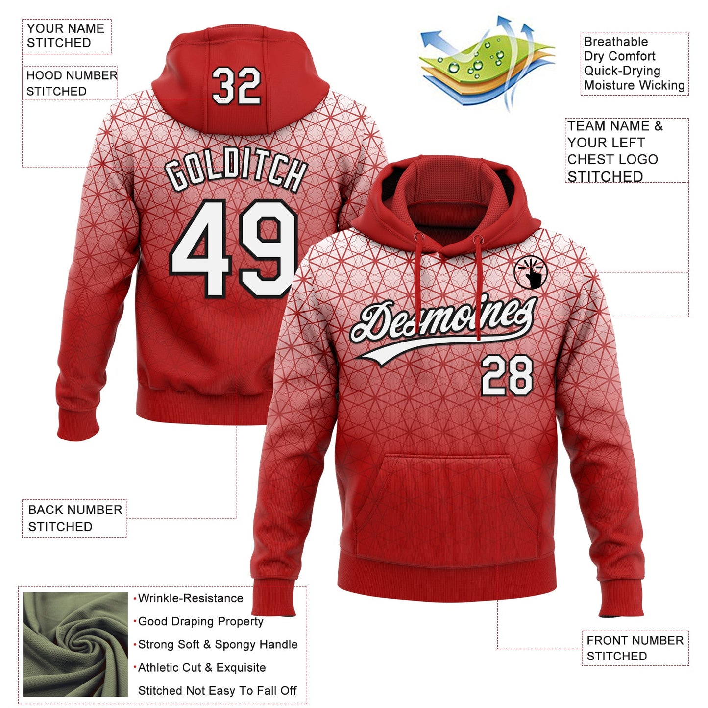 Custom Stitched Red White-Black 3D Pattern Design Gradient Line Sportswear Pullover Sweatshirt Hoodie view 2