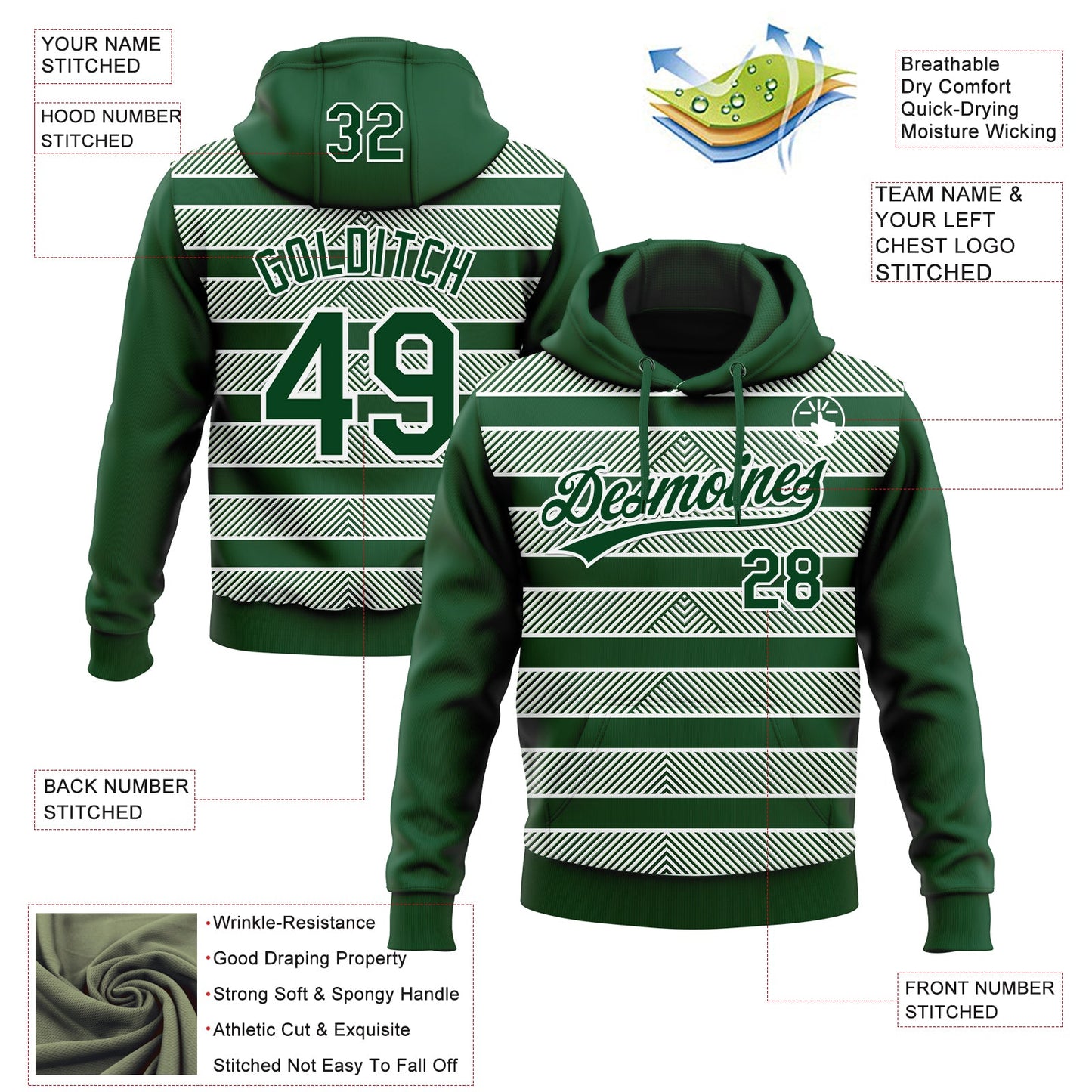 Custom Stitched Green White 3D Pattern Design Line Sportswear Pullover Sweatshirt Hoodie view 2