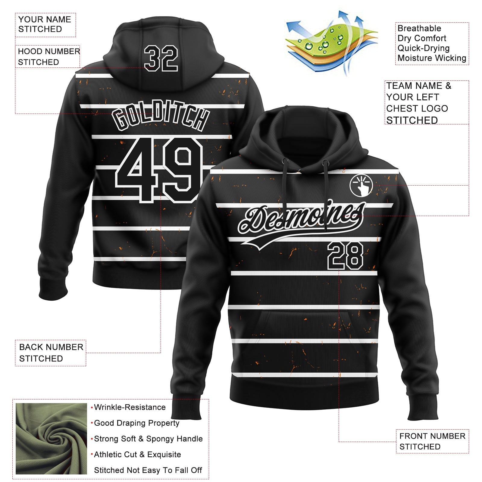 Custom Stitched Black White 3D Pattern Design Line Sportswear Pullover Sweatshirt Hoodie view 2