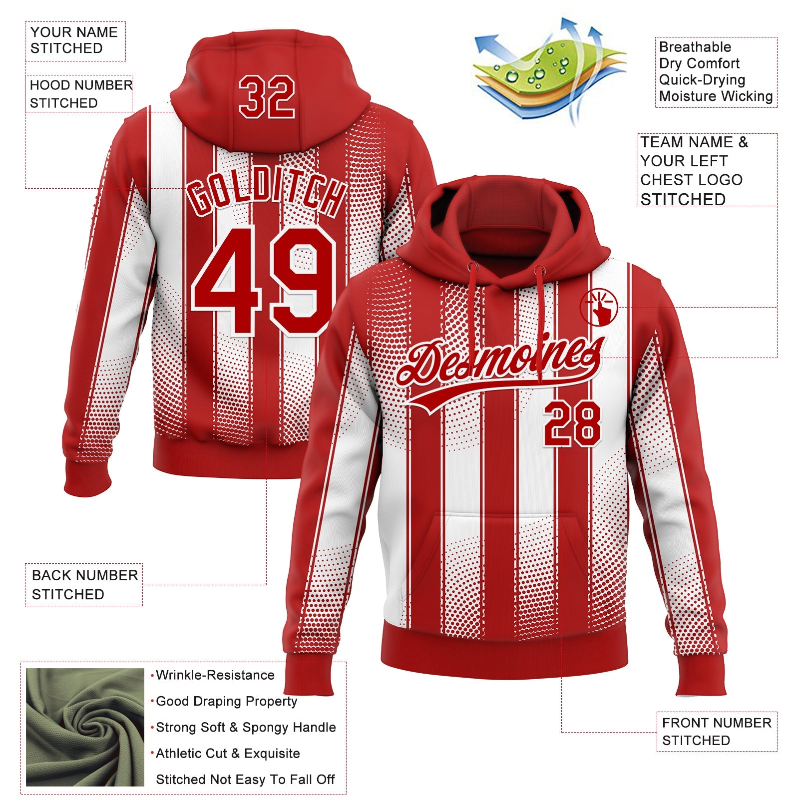 Custom Stitched Red White 3D Pattern Design Line Sportswear Pullover Sweatshirt Hoodie view 2