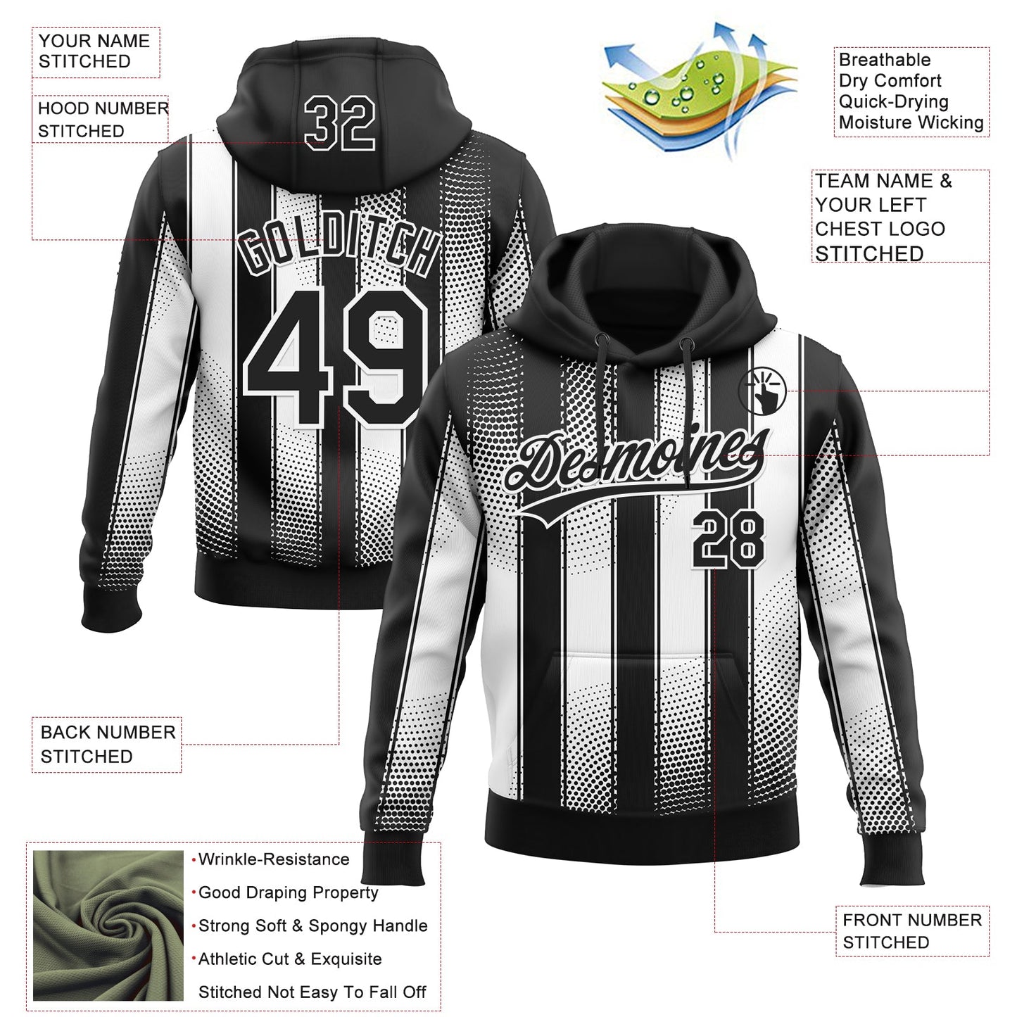 Custom Stitched Black White 3D Pattern Design Line Sportswear Pullover Sweatshirt Hoodie view 2