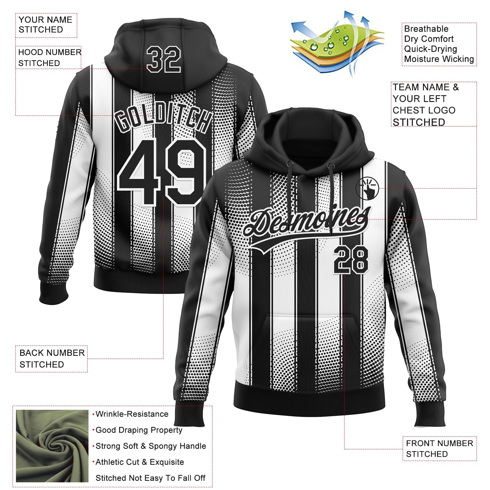 Custom Stitched Black White 3D Pattern Design Line Sportswear Pullover Sweatshirt Hoodie view 2