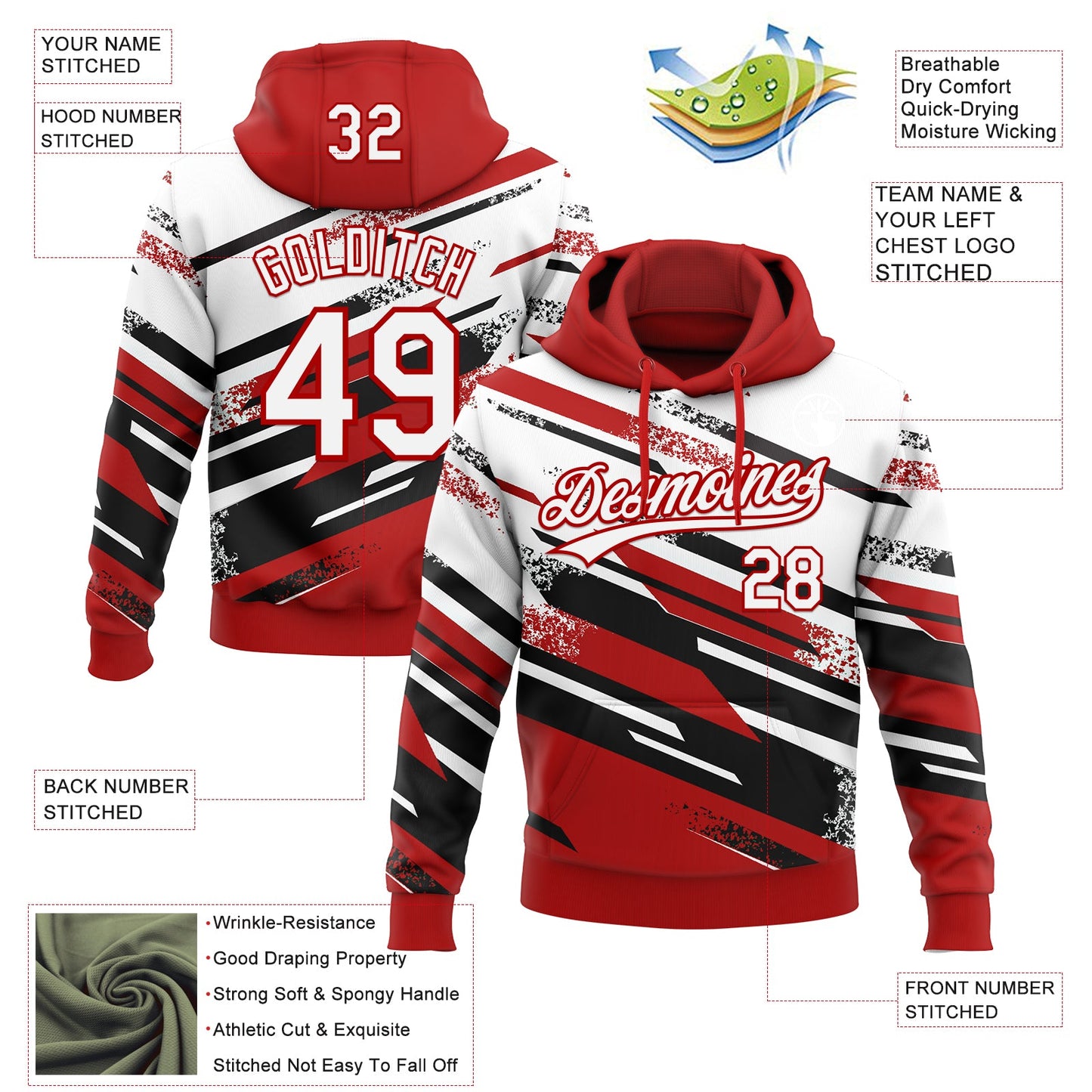 Custom Stitched Red White-Black 3D Pattern Design Line Sportswear Pullover Sweatshirt Hoodie view 2