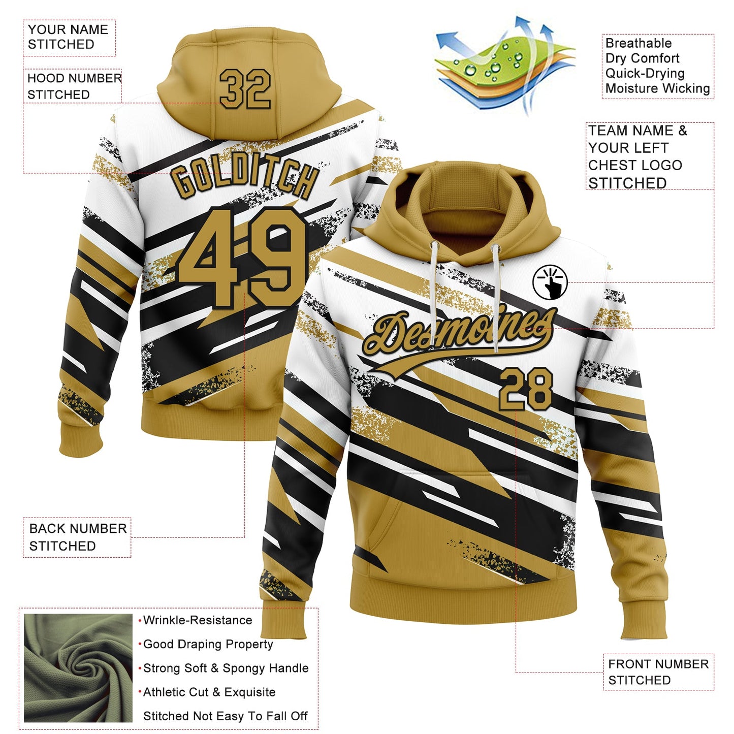 Custom Stitched Old Gold Black-White 3D Pattern Design Line Sportswear Pullover Sweatshirt Hoodie view 2