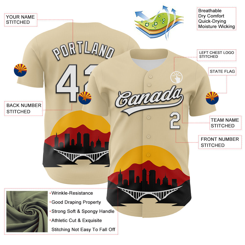 Custom Cream White Gold Red-Black 3D Urban City Edition Sports Authentic Baseball Jersey view 3
