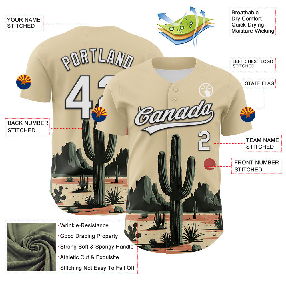 Custom Cream White Green-Black 3D Urban City Edition Sports Cactus Authentic Baseball Jersey view 3