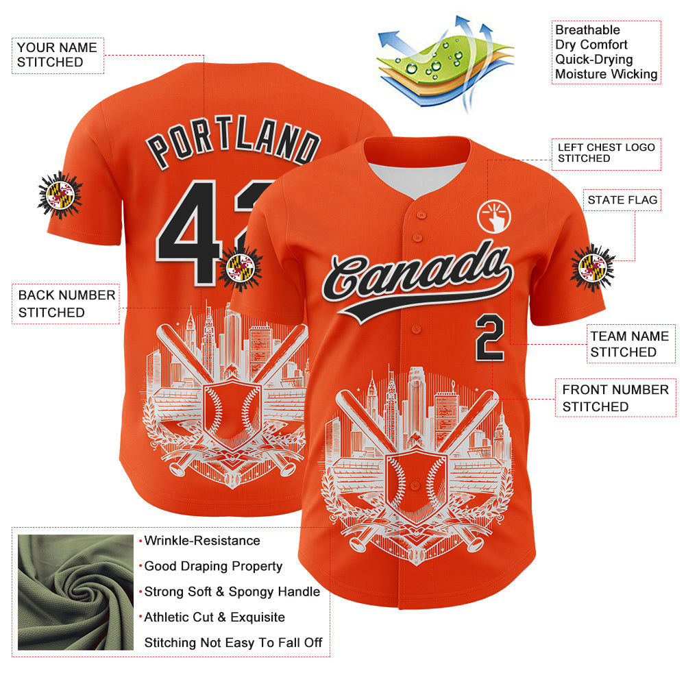Custom Orange Black-White 3D Urban City Edition Sports Authentic Baseball Jersey view 3