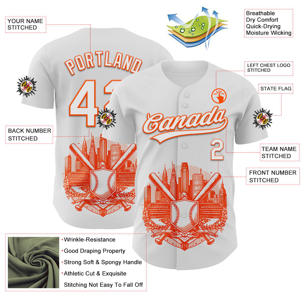 Custom White Orange 3D Urban City Edition Sports Authentic Baseball Jersey view 3