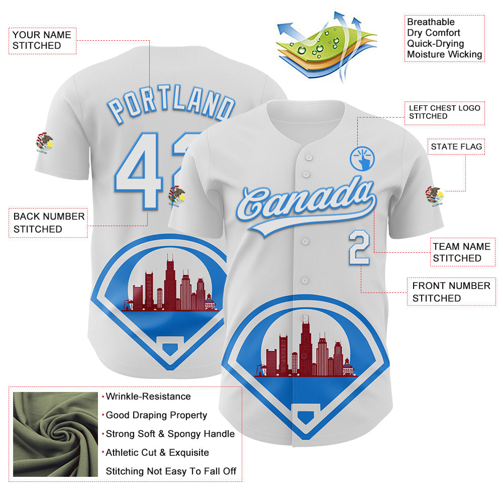 Custom White Electric Blue-Red 3D Urban City Edition Sports Authentic Baseball Jersey view 3