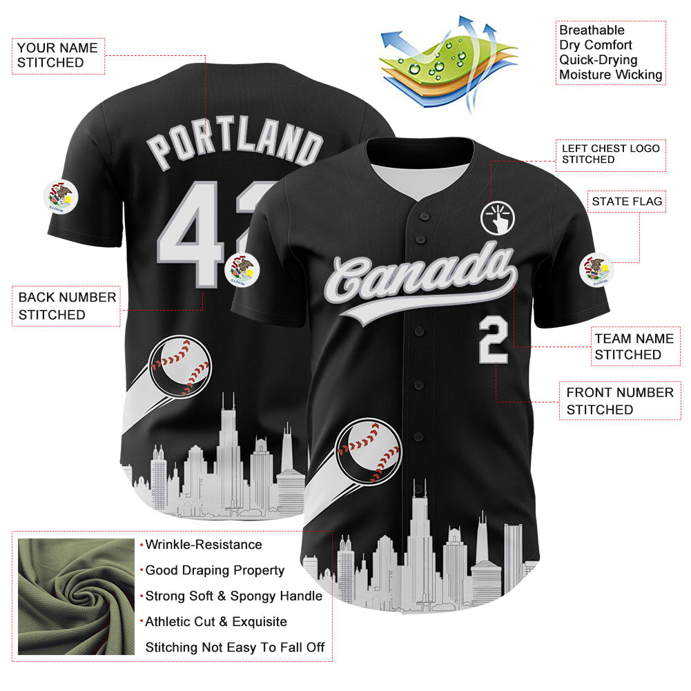 Custom Black White-Gray 3D Urban City Edition Sports Authentic Baseball Jersey view 3