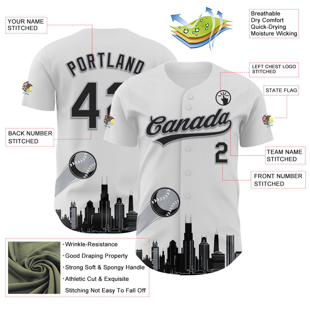 Custom White Black-Gray 3D Urban City Edition Sports Authentic Baseball Jersey view 3