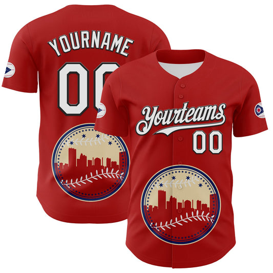 Custom Red White Blue Cream-Black 3D Urban City Edition Sports Authentic Baseball Jersey - Main View
