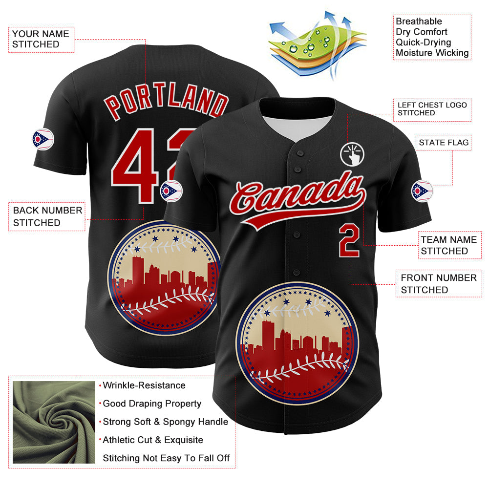 Custom Black Red Blue Cream-White 3D Urban City Edition Sports Authentic Baseball Jersey view 3