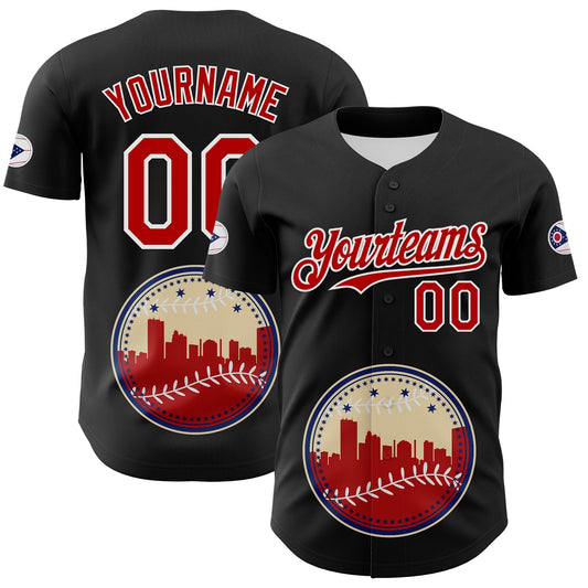 Custom Black Red Blue Cream-White 3D Urban City Edition Sports Authentic Baseball Jersey - Main View