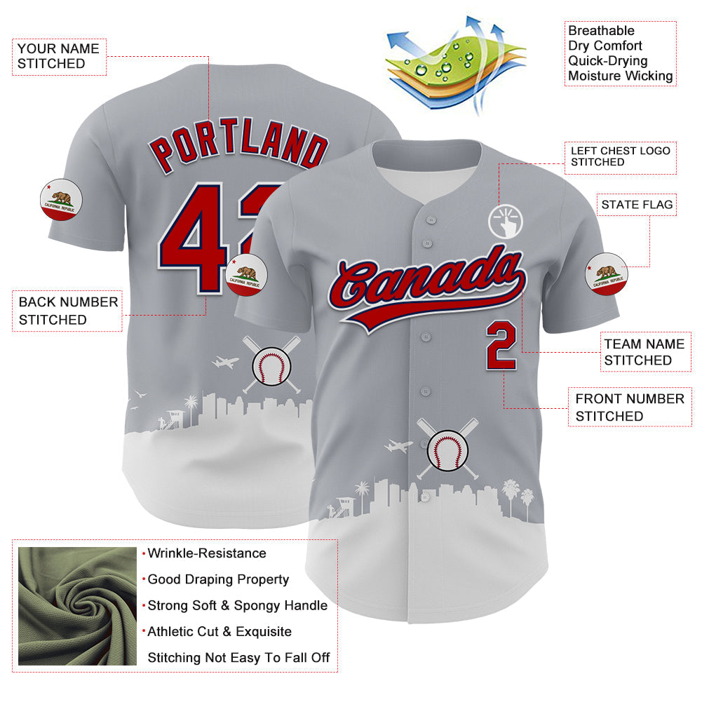 Custom Gray Red Black Navy-White 3D Urban City Edition Sports Authentic Baseball Jersey view 3