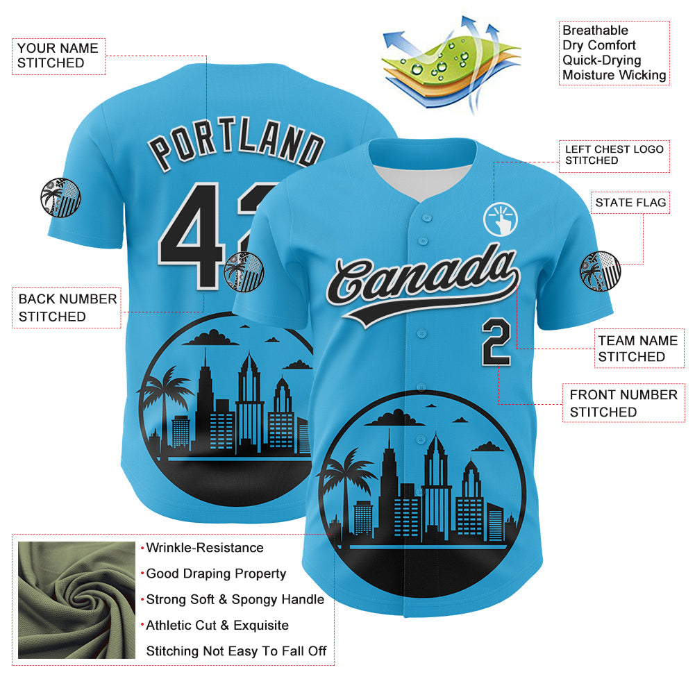 Custom Sky Blue Black-White 3D Urban City Edition Sports Authentic Baseball Jersey view 3