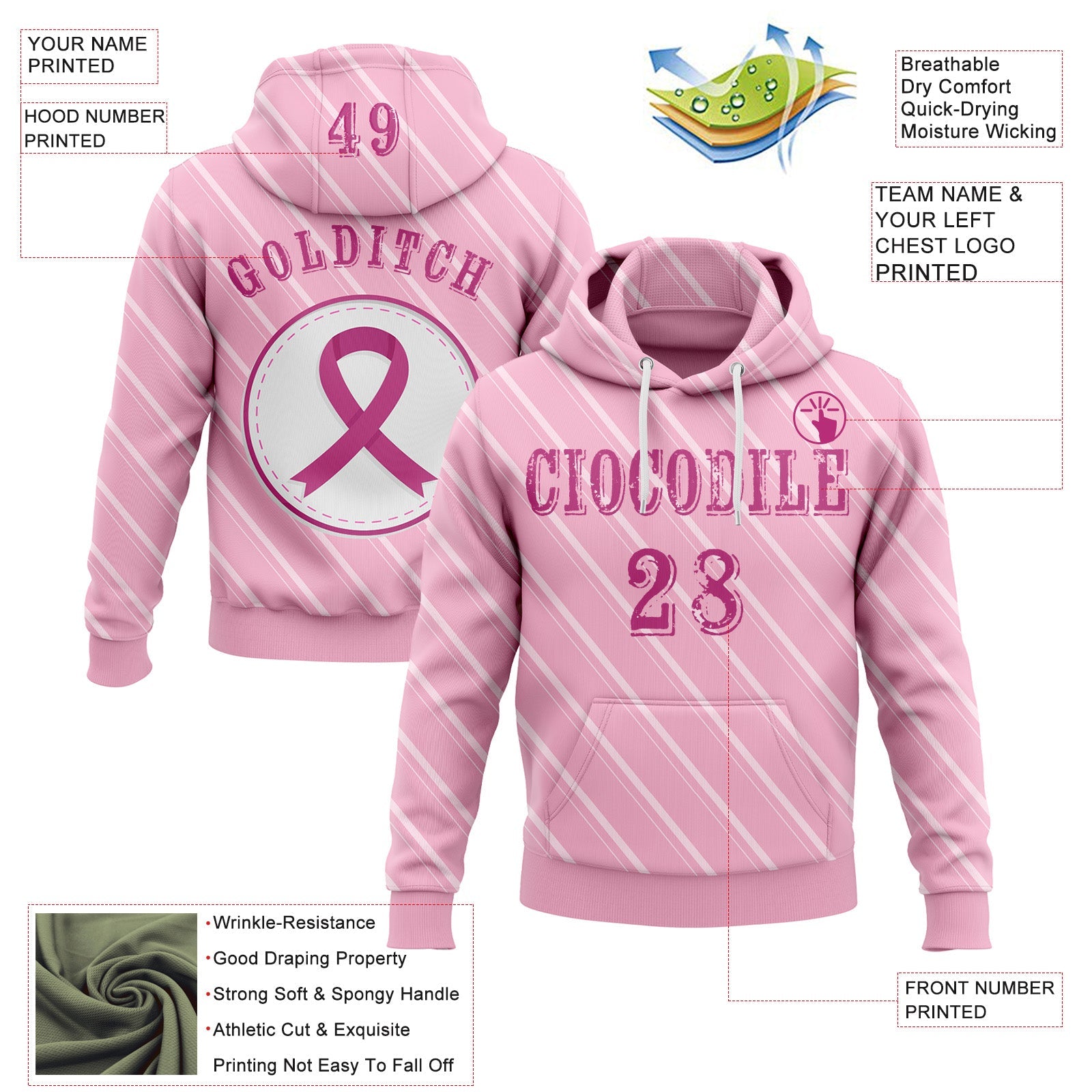 Custom Light Pink Pink-White 3D Pink Ribbon Breast Cancer Awareness Women Health Care Support Sports Pullover Sweatshirt Hoodie view 2