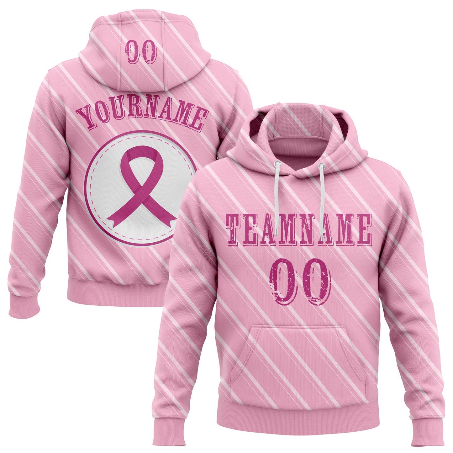 Custom Light Pink Pink-White 3D Pink Ribbon Breast Cancer Awareness Women Health Care Support Sports Pullover Sweatshirt Hoodie - Main View