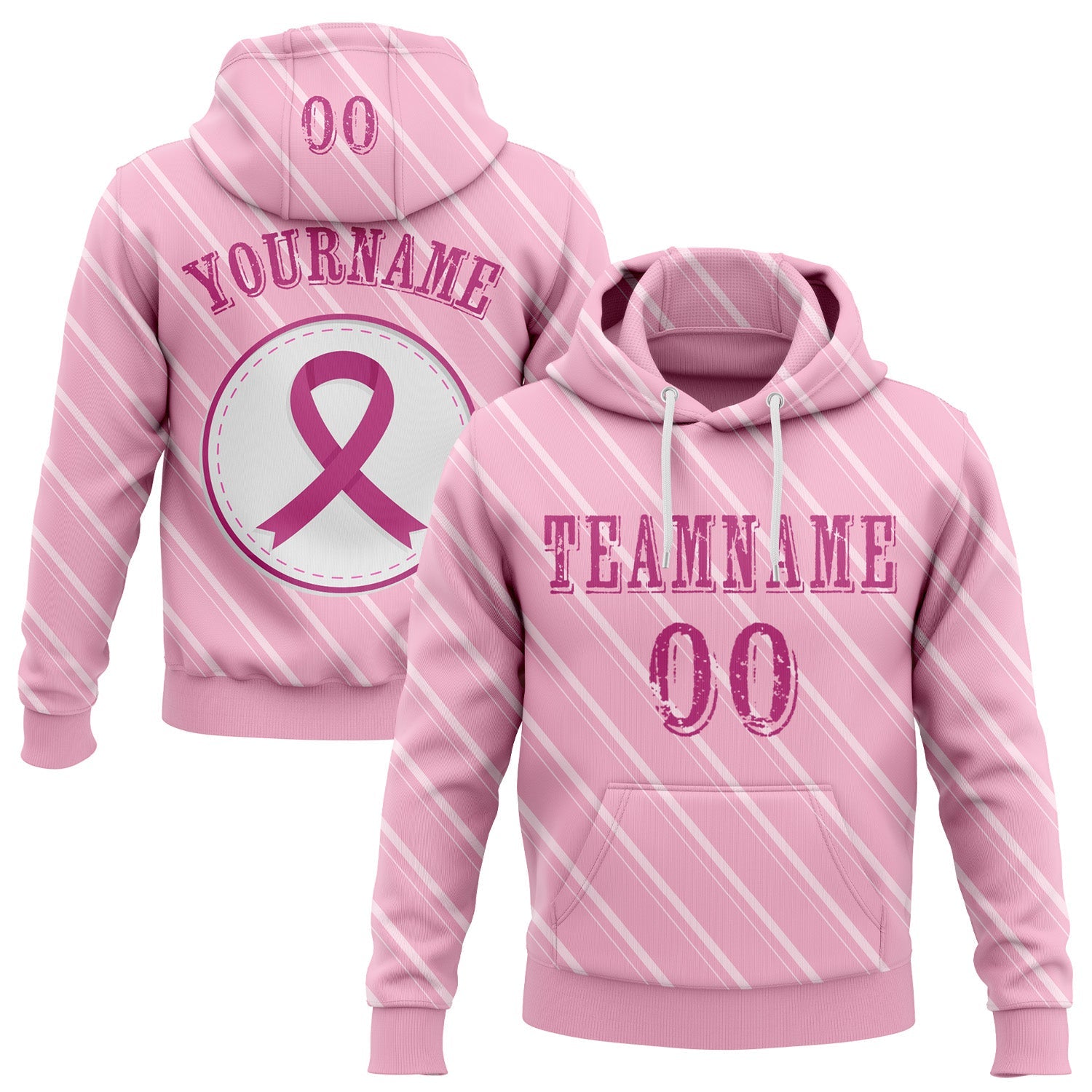 Custom Light Pink Pink-White 3D Pink Ribbon Breast Cancer Awareness Women Health Care Support Sports Pullover Sweatshirt Hoodie - Main View