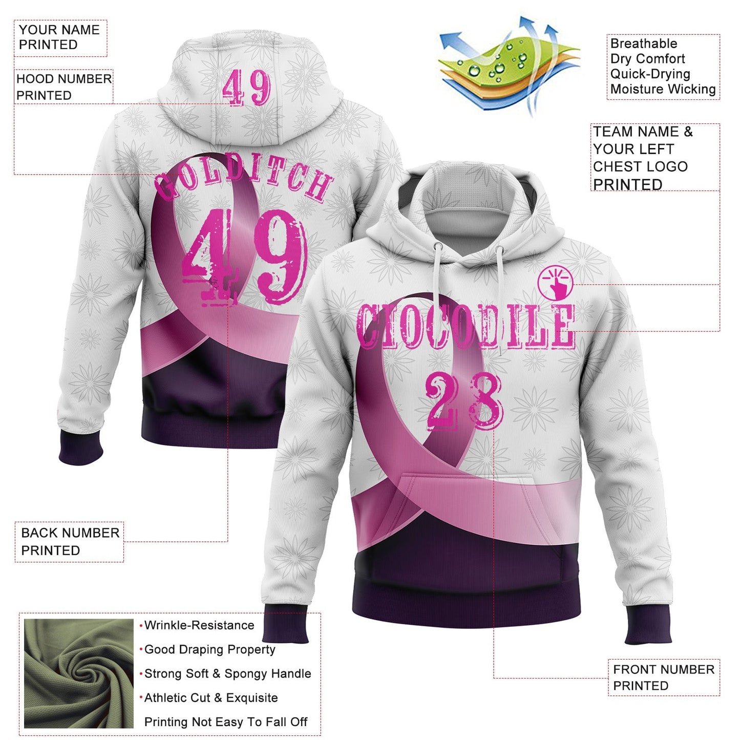 Custom White Deep Pink-Purple 3D Pink Ribbon Breast Cancer Awareness Women Health Care Support Sports Pullover Sweatshirt Hoodie view 2