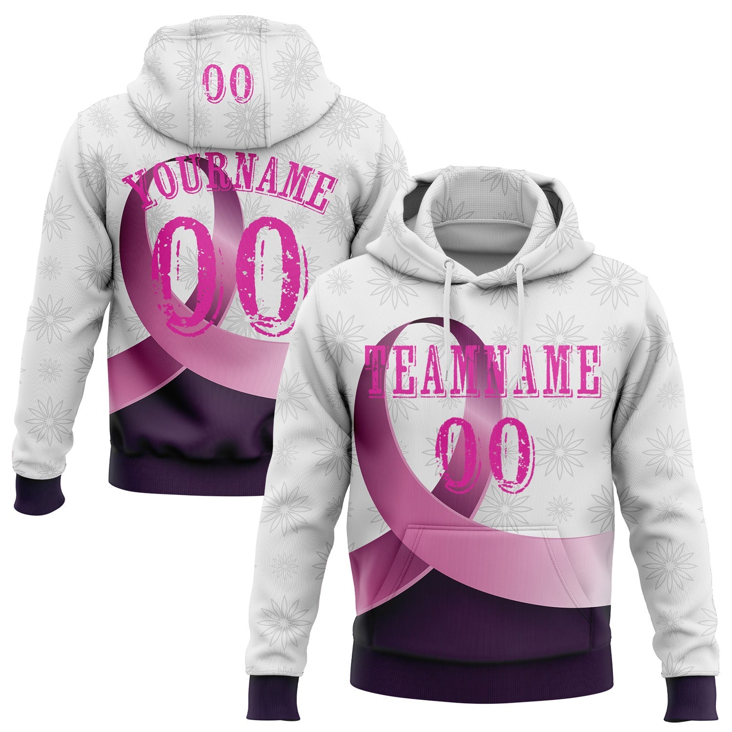 Custom White Deep Pink-Purple 3D Pink Ribbon Breast Cancer Awareness Women Health Care Support Sports Pullover Sweatshirt Hoodie - Main View