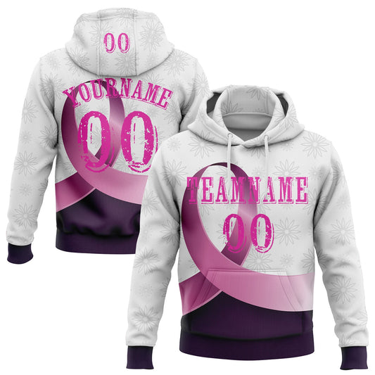 Custom White Deep Pink-Purple 3D Pink Ribbon Breast Cancer Awareness Women Health Care Support Sports Pullover Sweatshirt Hoodie - Main View