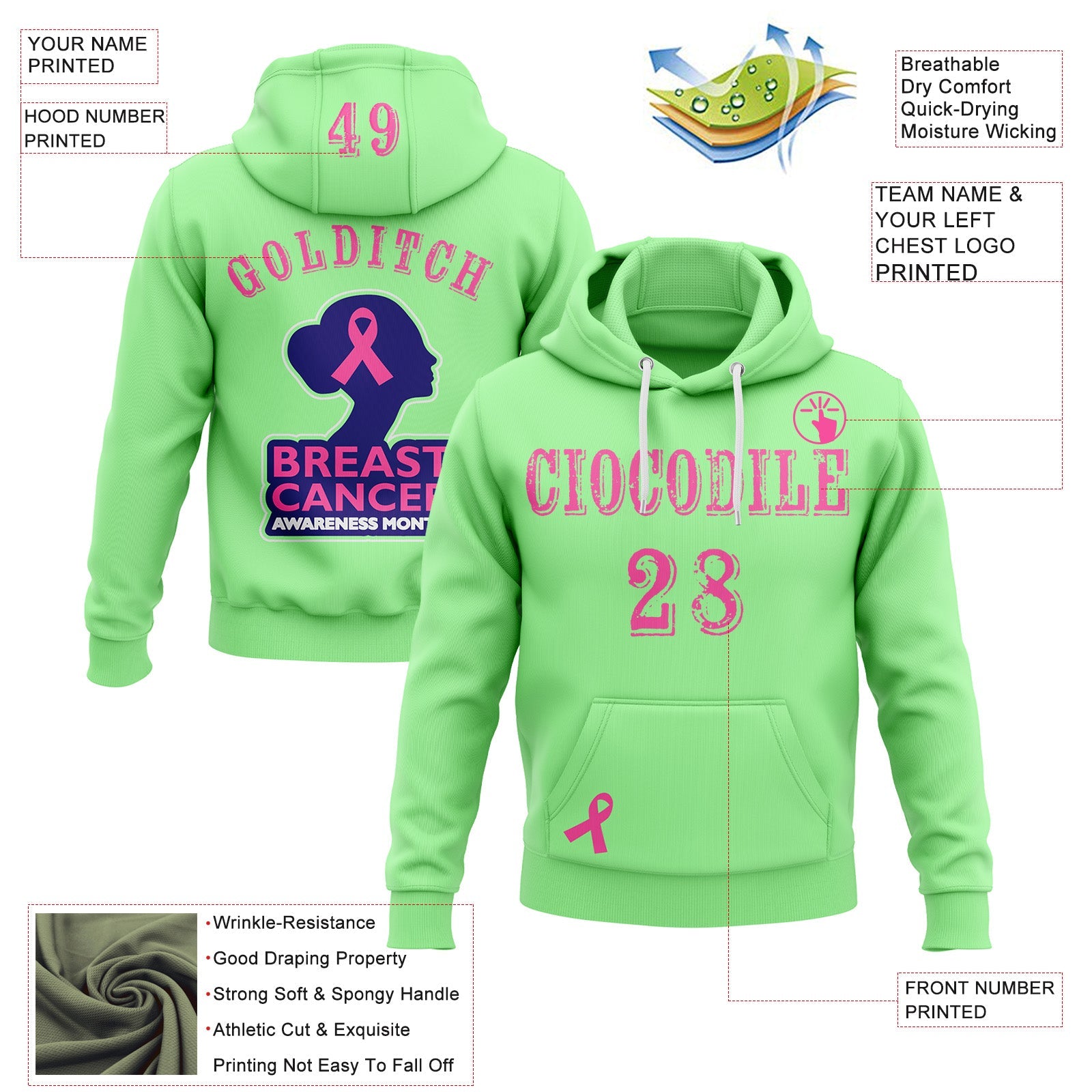 Custom Pea Green Pink Blue-White 3D Pink Ribbon Breast Cancer Awareness Women Health Care Support Sports Pullover Sweatshirt Hoodie view 2