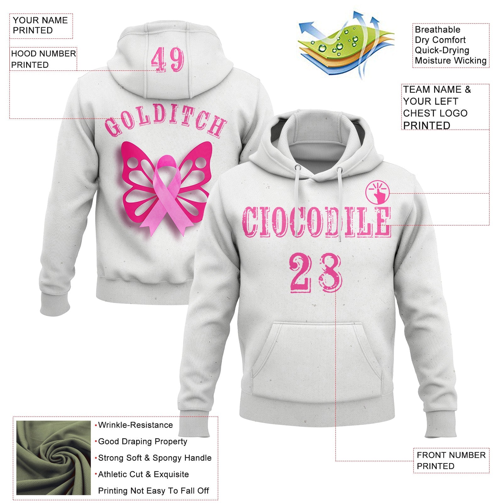 Custom White Pink 3D Pink Ribbon Breast Cancer Awareness Women Health Care Support Sports Pullover Sweatshirt Hoodie view 2