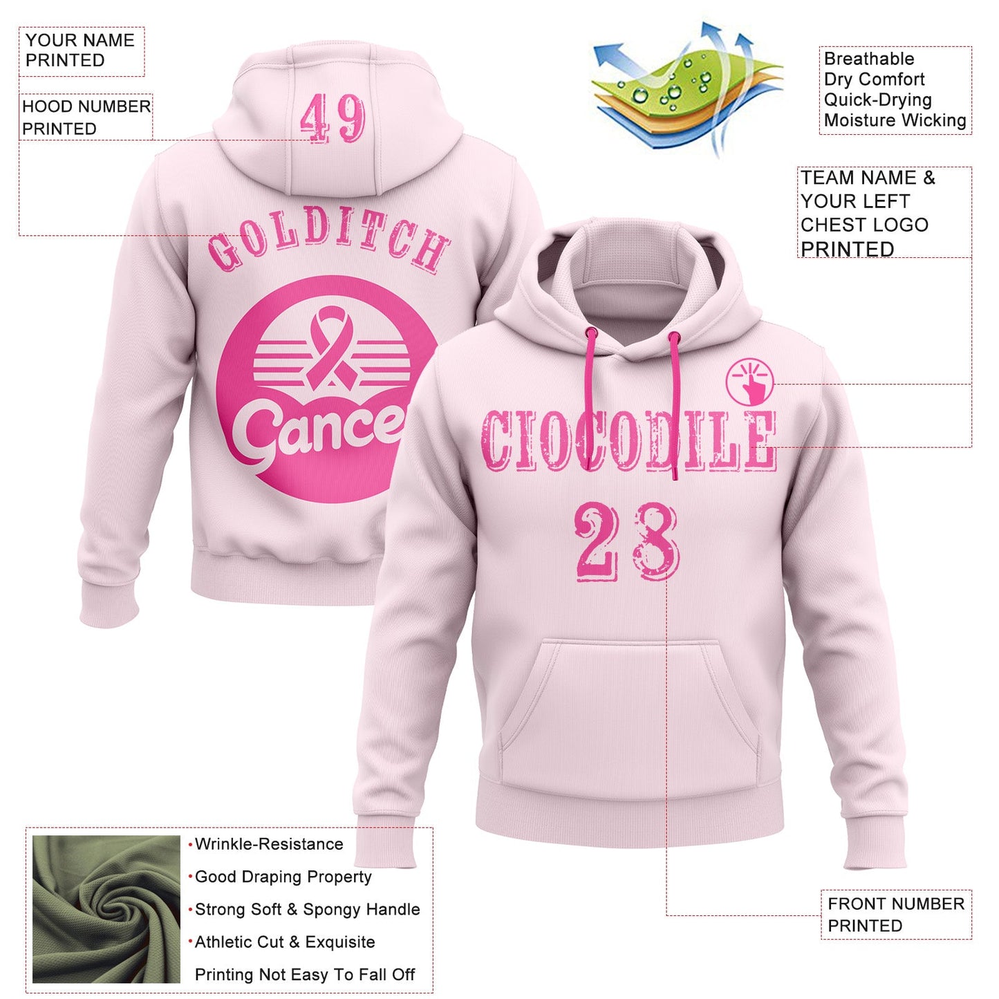 Custom Pink White 3D Pink Ribbon Breast Cancer Awareness Women Health Care Support Sports Pullover Sweatshirt Hoodie view 2