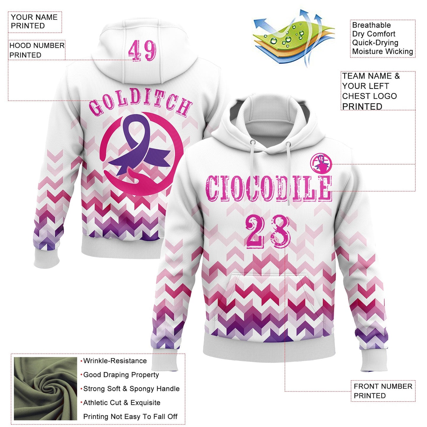 Custom White Deep Pink-Purple 3D Pink Ribbon Breast Cancer Awareness Women Health Care Support Sports Pullover Sweatshirt Hoodie view 2