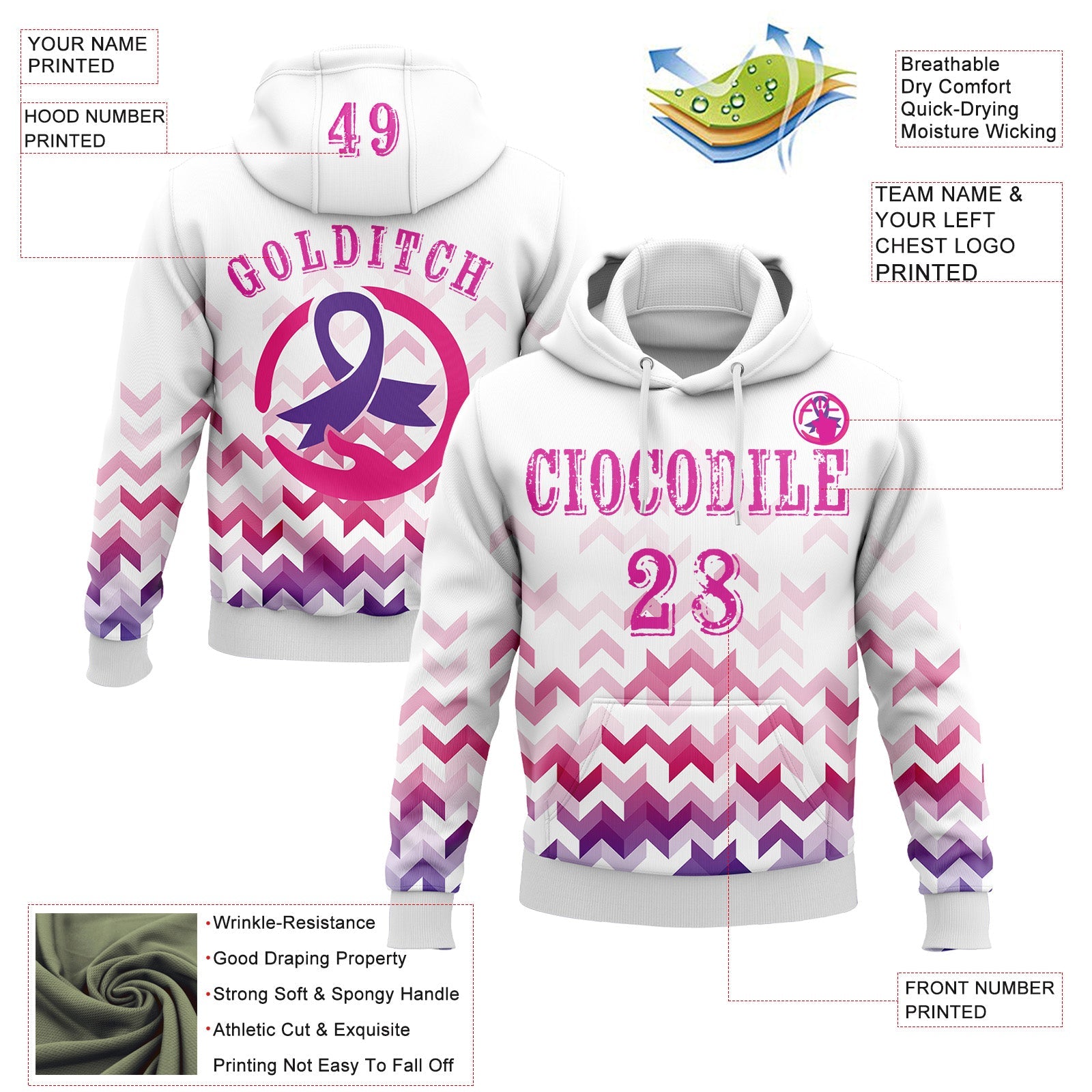 Custom White Deep Pink-Purple 3D Pink Ribbon Breast Cancer Awareness Women Health Care Support Sports Pullover Sweatshirt Hoodie view 2