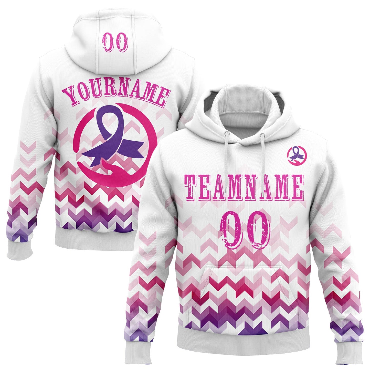 Custom White Deep Pink-Purple 3D Pink Ribbon Breast Cancer Awareness Women Health Care Support Sports Pullover Sweatshirt Hoodie - Main View