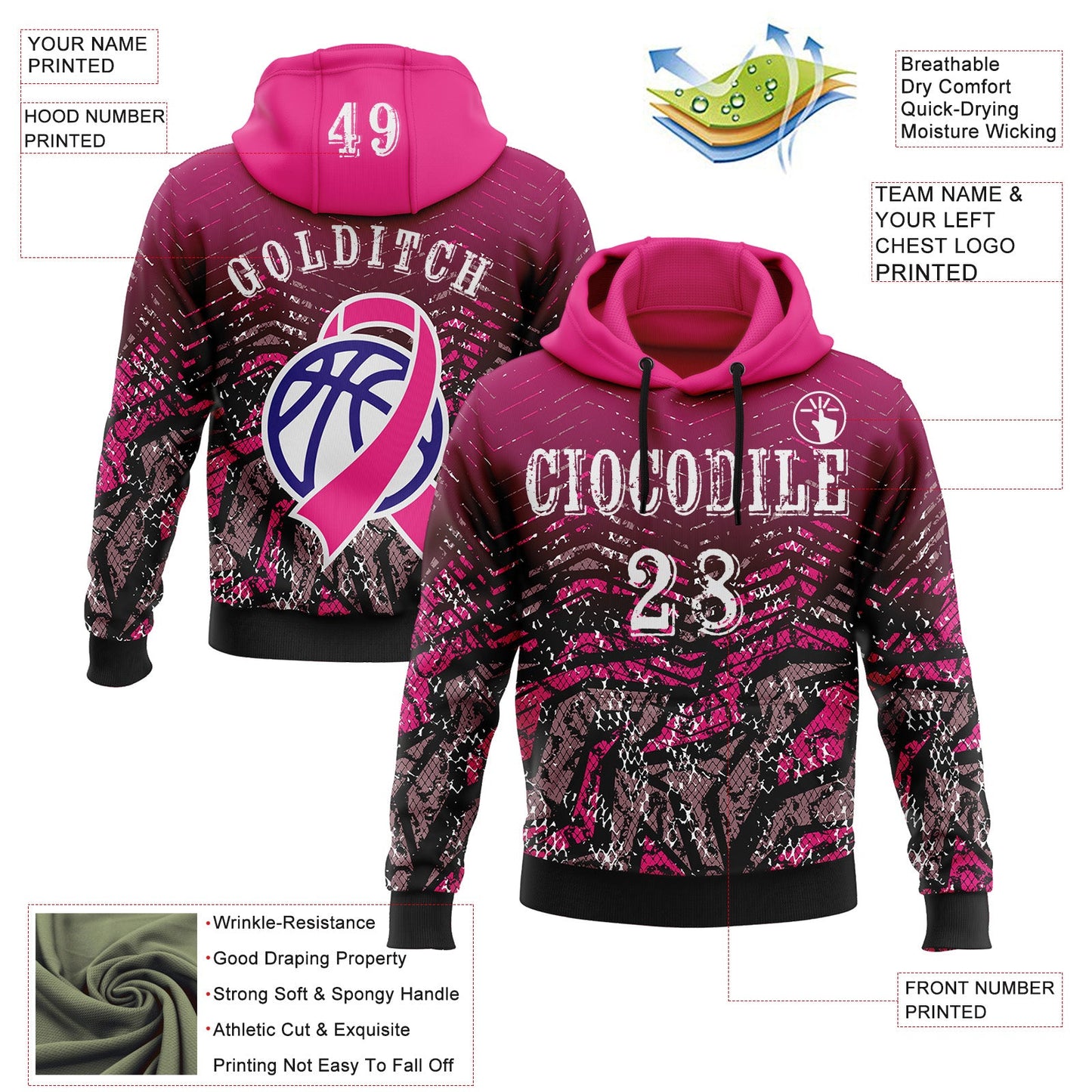 Custom Hot Pink White-Black 3D Pink Ribbon Breast Cancer Awareness Women Health Care Support Sports Pullover Sweatshirt Hoodie view 2