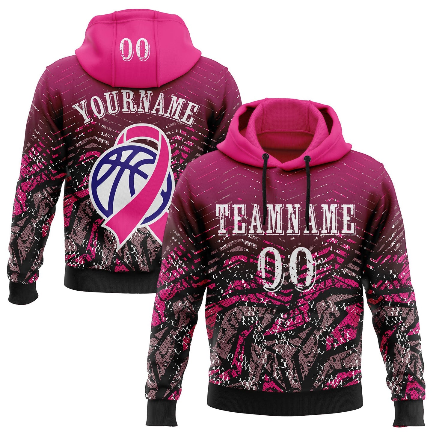 Custom Hot Pink White-Black 3D Pink Ribbon Breast Cancer Awareness Women Health Care Support Sports Pullover Sweatshirt Hoodie - Main View
