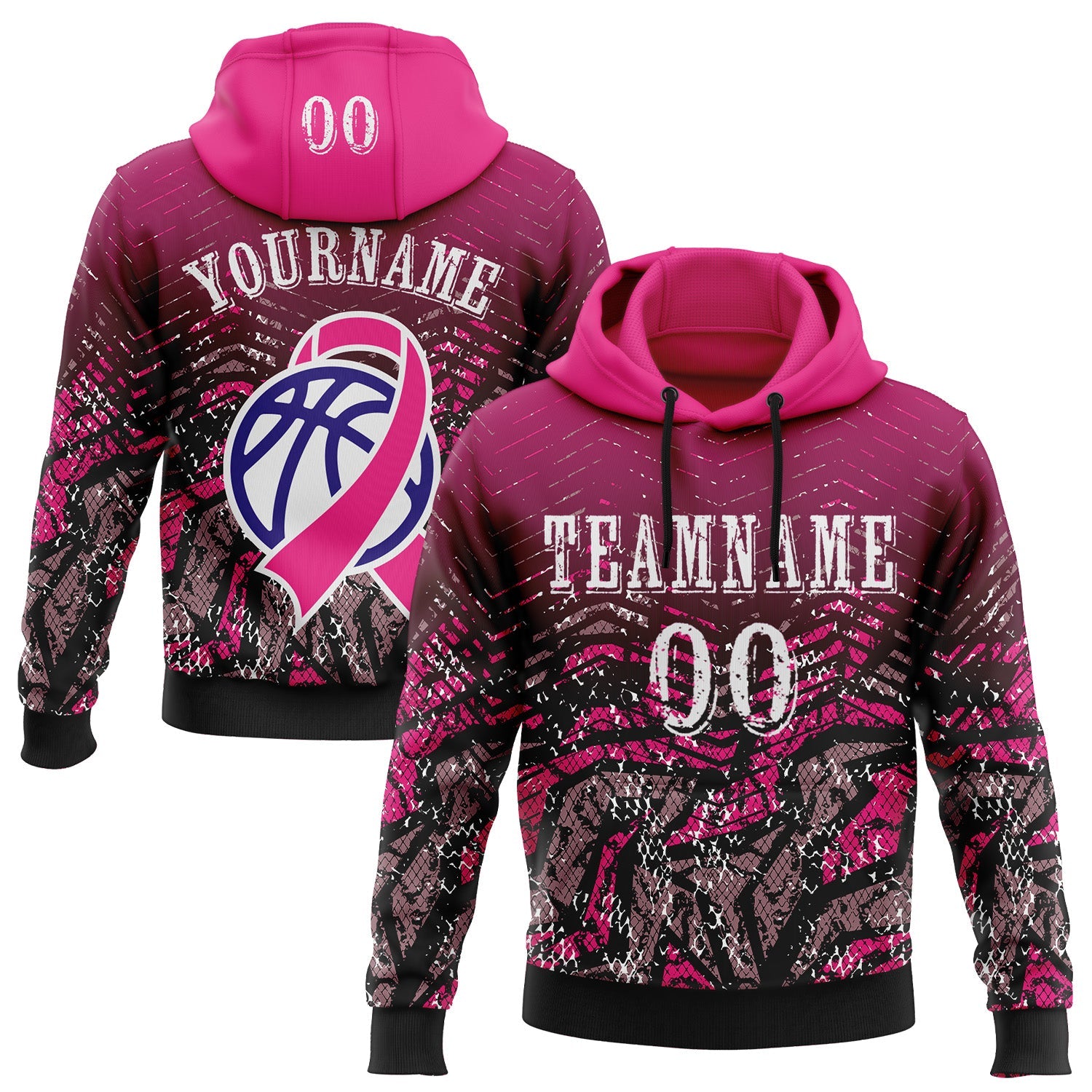 Custom Hot Pink White-Black 3D Pink Ribbon Breast Cancer Awareness Women Health Care Support Sports Pullover Sweatshirt Hoodie - Main View