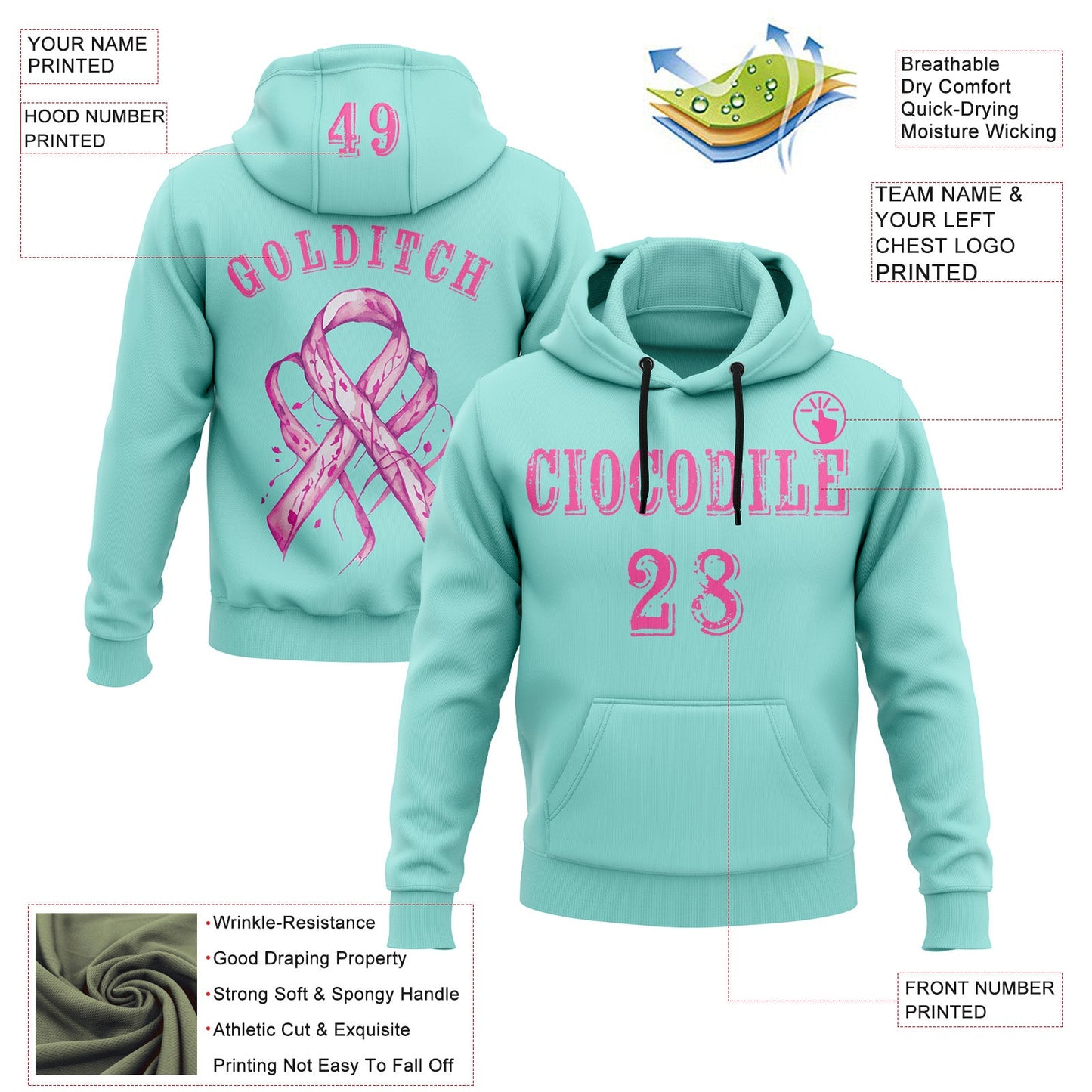 Custom Ice Blue Pink 3D Pink Ribbon Breast Cancer Awareness Women Health Care Support Sports Pullover Sweatshirt Hoodie view 2
