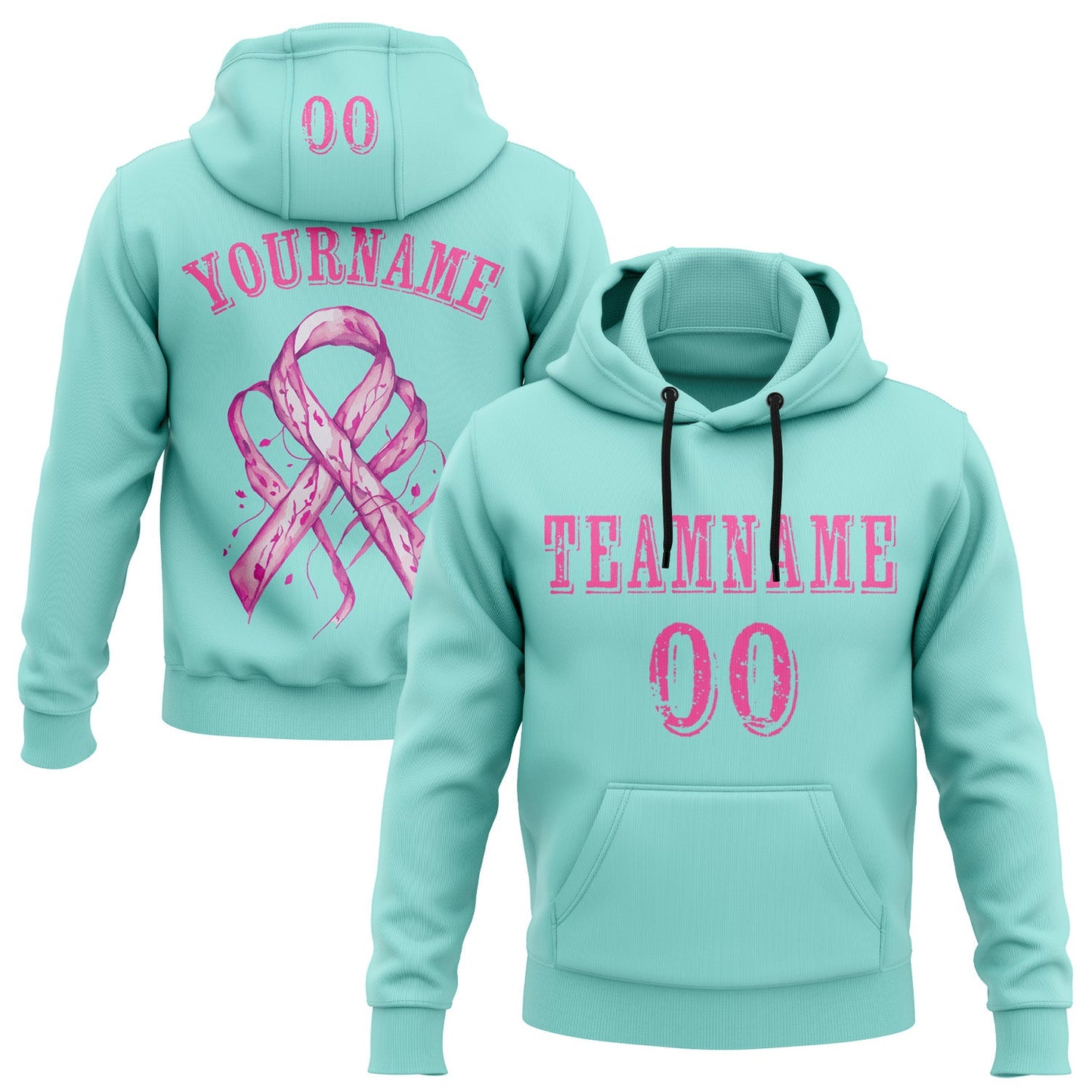 Custom Ice Blue Pink 3D Pink Ribbon Breast Cancer Awareness Women Health Care Support Sports Pullover Sweatshirt Hoodie - Main View