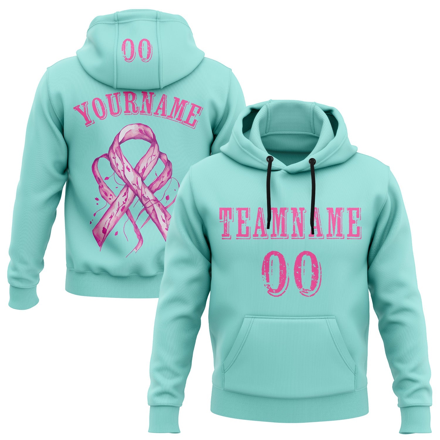 Custom Ice Blue Pink 3D Pink Ribbon Breast Cancer Awareness Women Health Care Support Sports Pullover Sweatshirt Hoodie - Main View