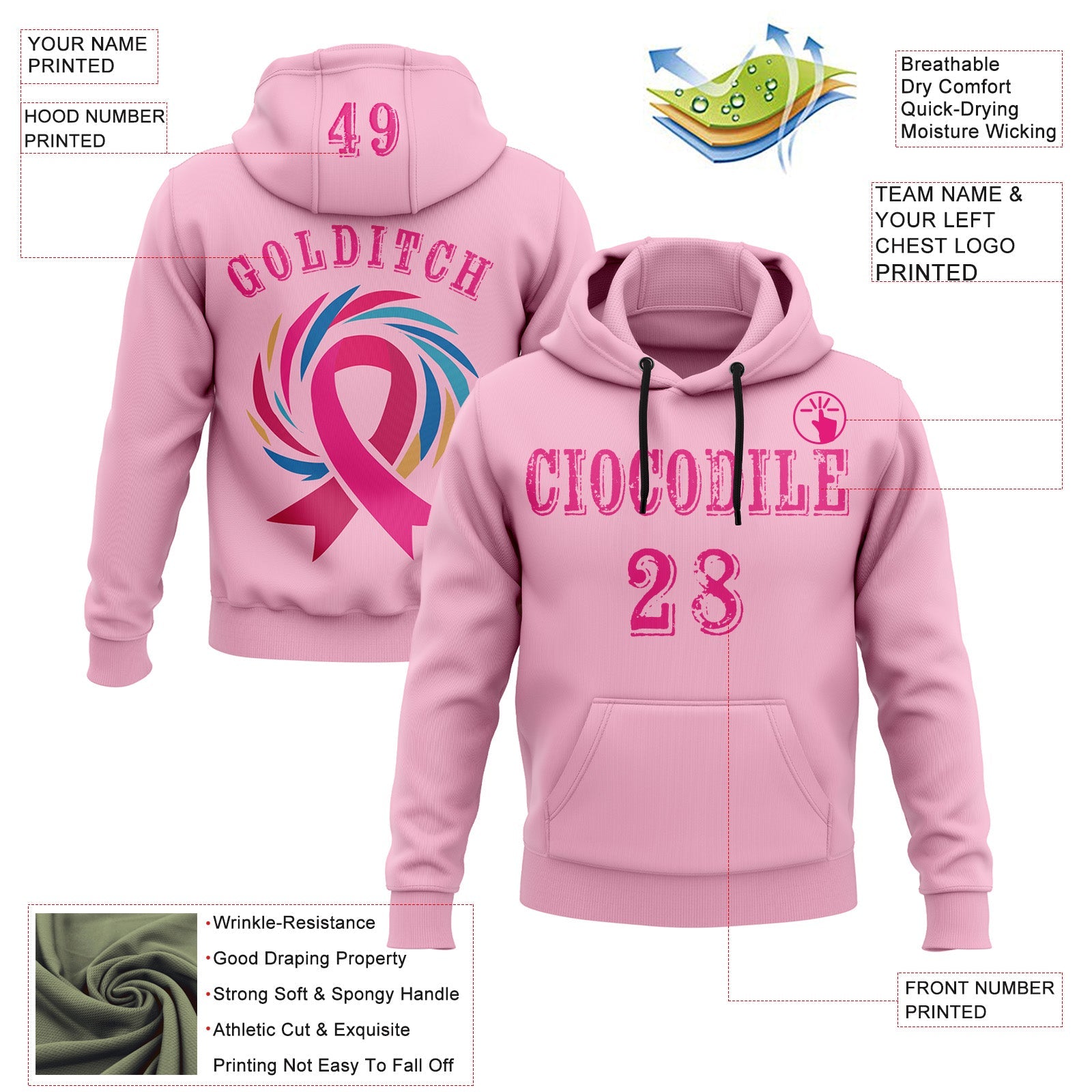 Custom Light Pink Hot Pink 3D Pink Ribbon Breast Cancer Awareness Women Health Care Support Sports Pullover Sweatshirt Hoodie view 2