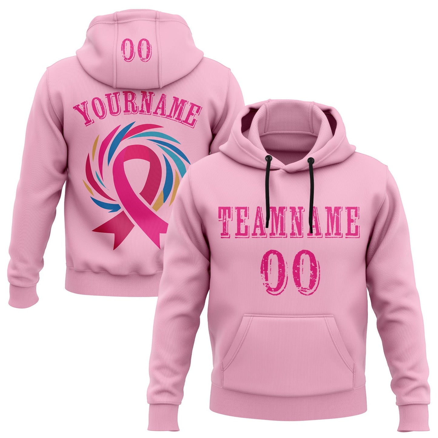 Custom Light Pink Hot Pink 3D Pink Ribbon Breast Cancer Awareness Women Health Care Support Sports Pullover Sweatshirt Hoodie - Main View