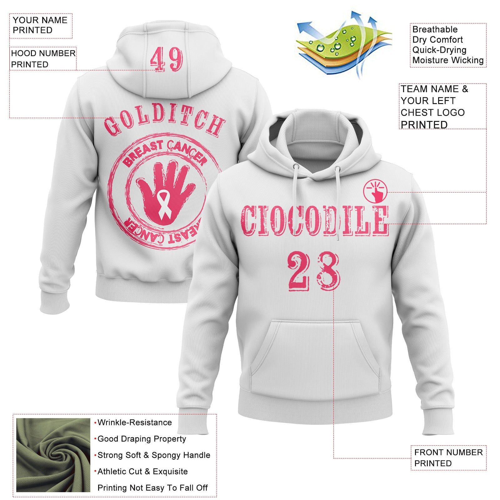 Custom White Neon Pink 3D Pink Ribbon Breast Cancer Awareness Women Health Care Support Sports Pullover Sweatshirt Hoodie view 2