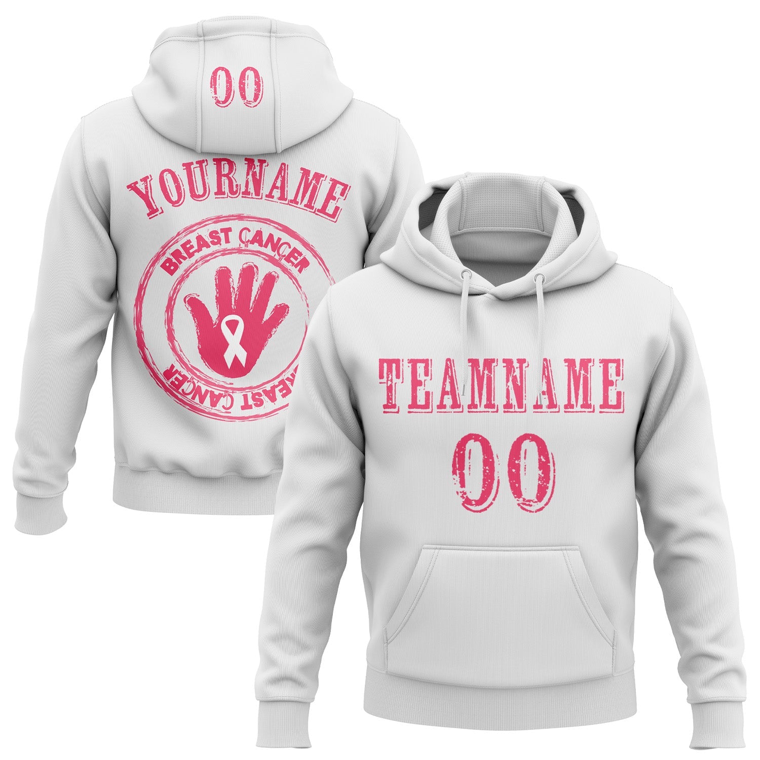 Custom White Neon Pink 3D Pink Ribbon Breast Cancer Awareness Women Health Care Support Sports Pullover Sweatshirt Hoodie - Main View