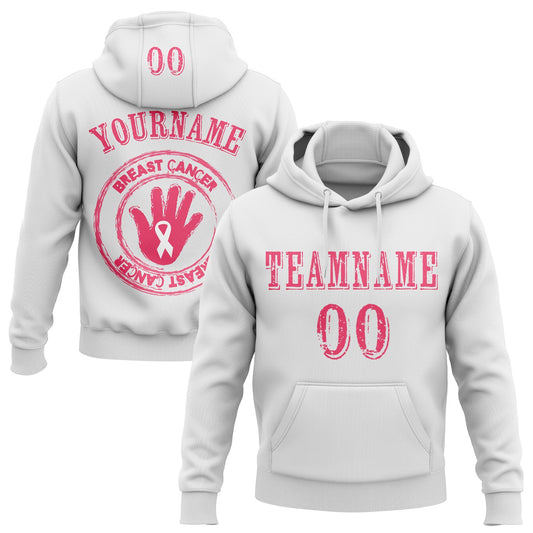 Custom White Neon Pink 3D Pink Ribbon Breast Cancer Awareness Women Health Care Support Sports Pullover Sweatshirt Hoodie - Main View