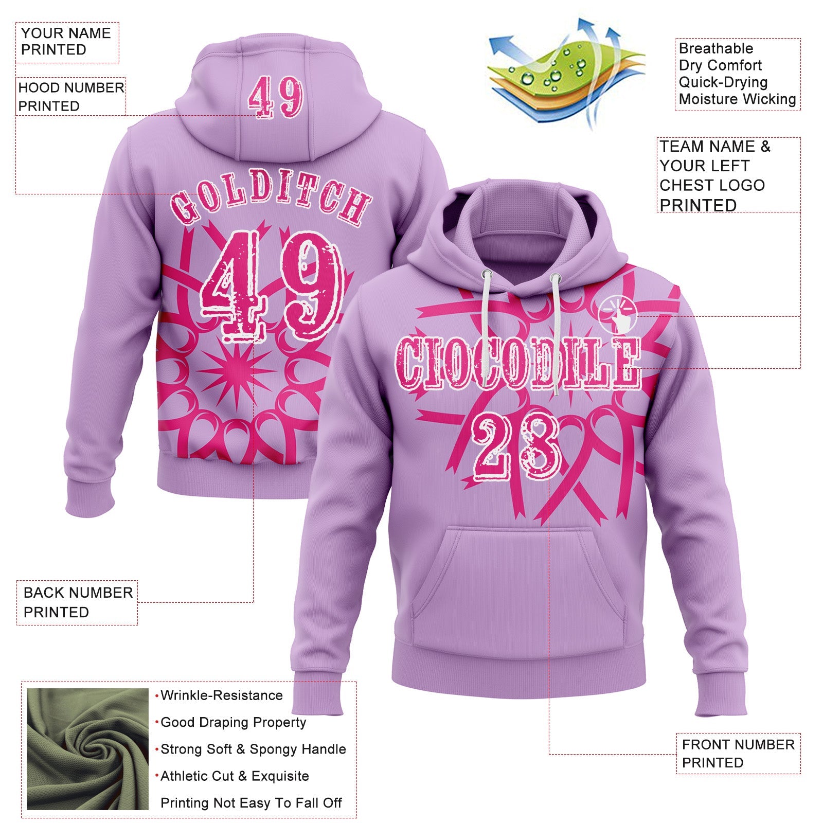 Custom Light Purple Hot Pink-White 3D Pink Ribbon Breast Cancer Awareness Women Health Care Support Sports Pullover Sweatshirt Hoodie view 2