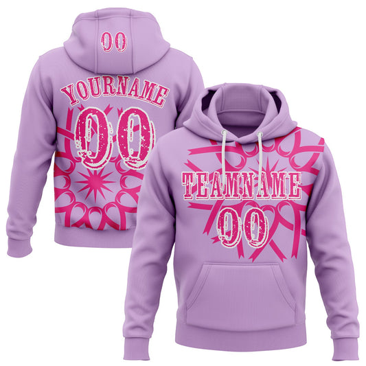 Custom Light Purple Hot Pink-White 3D Pink Ribbon Breast Cancer Awareness Women Health Care Support Sports Pullover Sweatshirt Hoodie - Main View