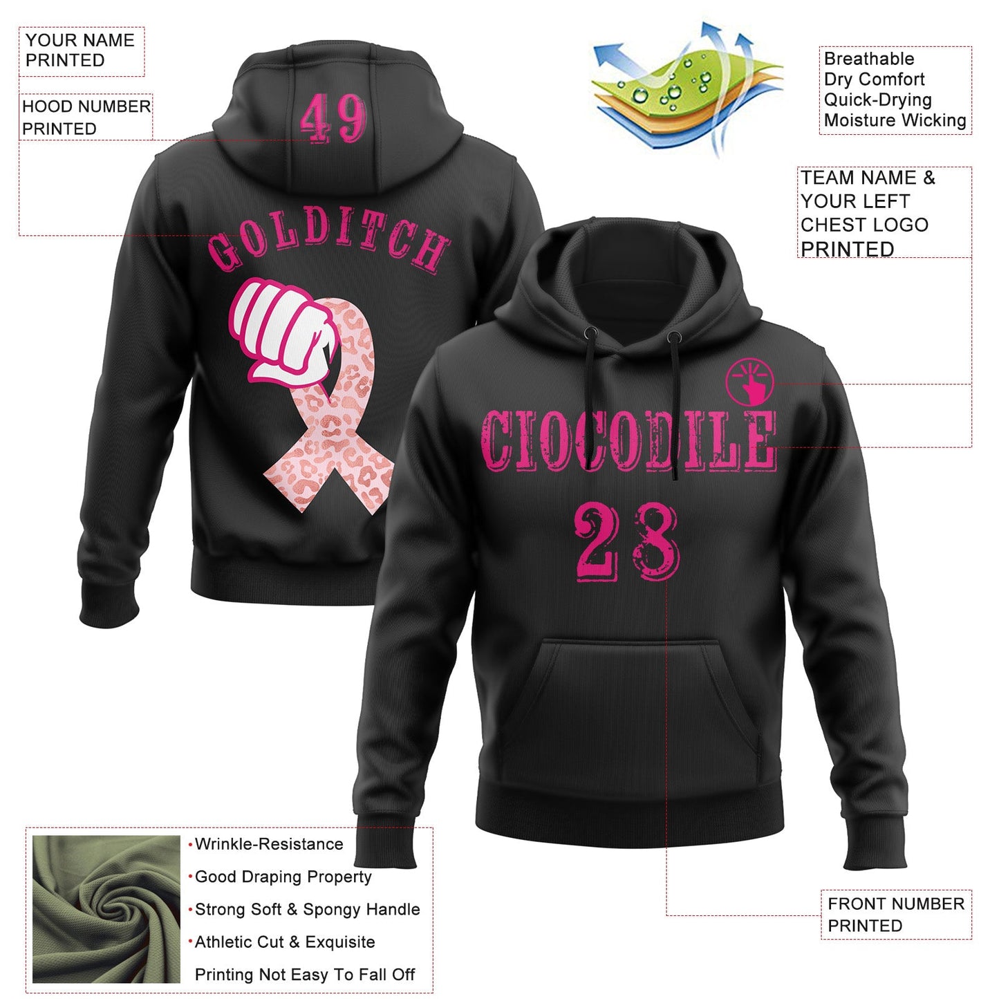 Custom Black Hot Pink-White 3D Pink Ribbon Breast Cancer Awareness Women Health Care Support Sports Pullover Sweatshirt Hoodie view 2