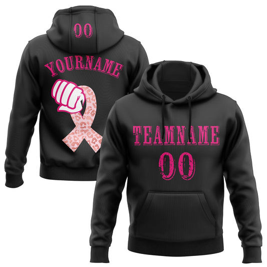 Custom Black Hot Pink-White 3D Pink Ribbon Breast Cancer Awareness Women Health Care Support Sports Pullover Sweatshirt Hoodie - Main View