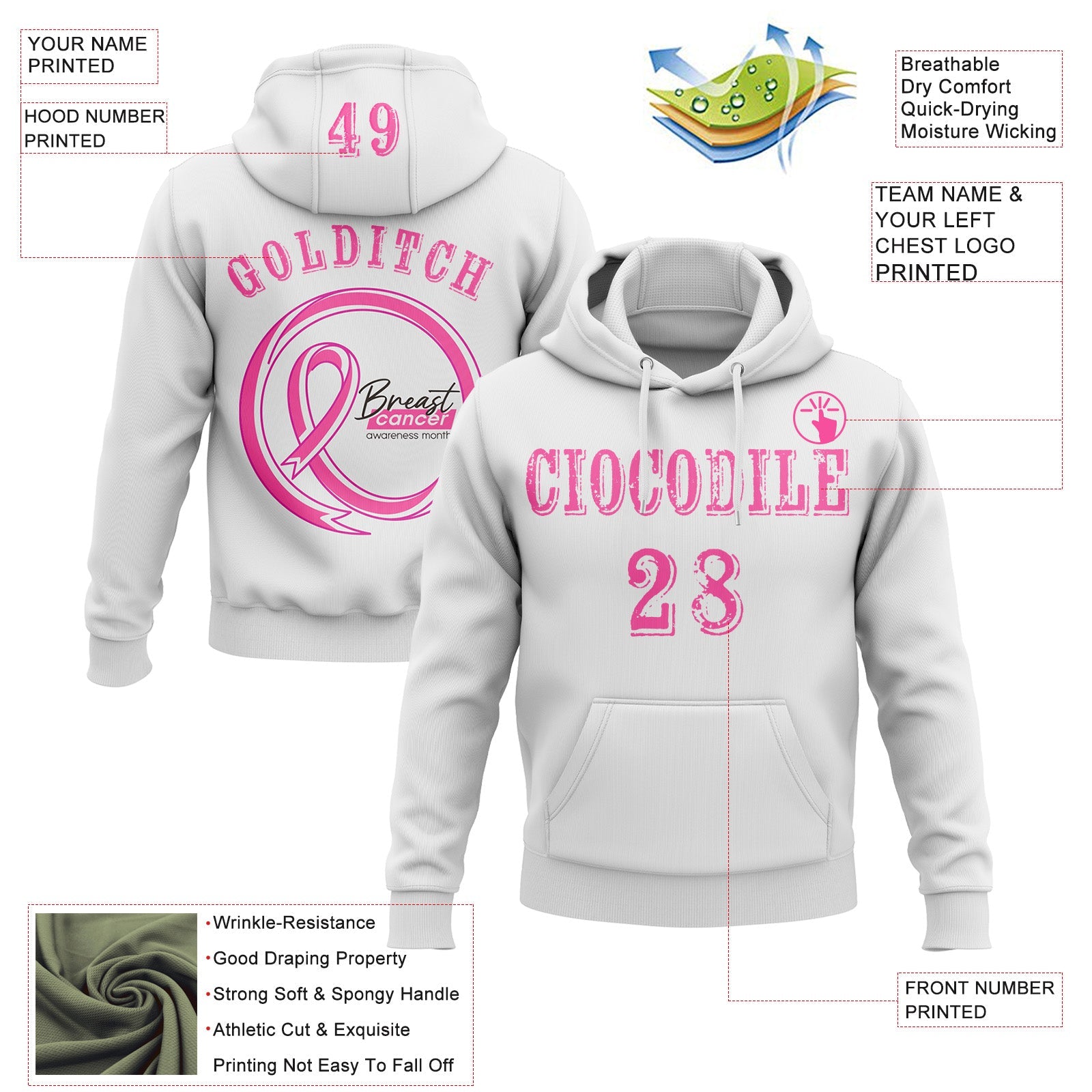 Custom White Pink 3D Pink Ribbon Breast Cancer Awareness Women Health Care Support Sports Pullover Sweatshirt Hoodie view 2