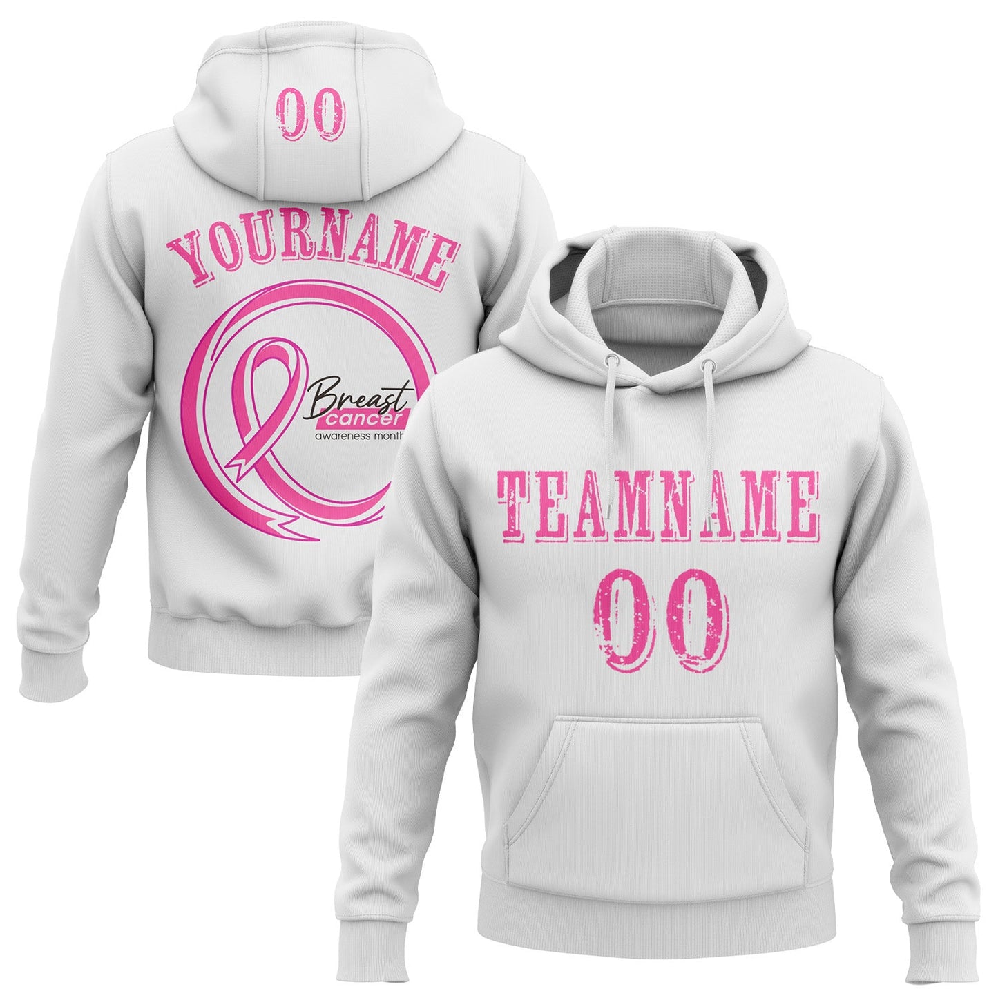 Custom White Pink 3D Pink Ribbon Breast Cancer Awareness Women Health Care Support Sports Pullover Sweatshirt Hoodie - Main View