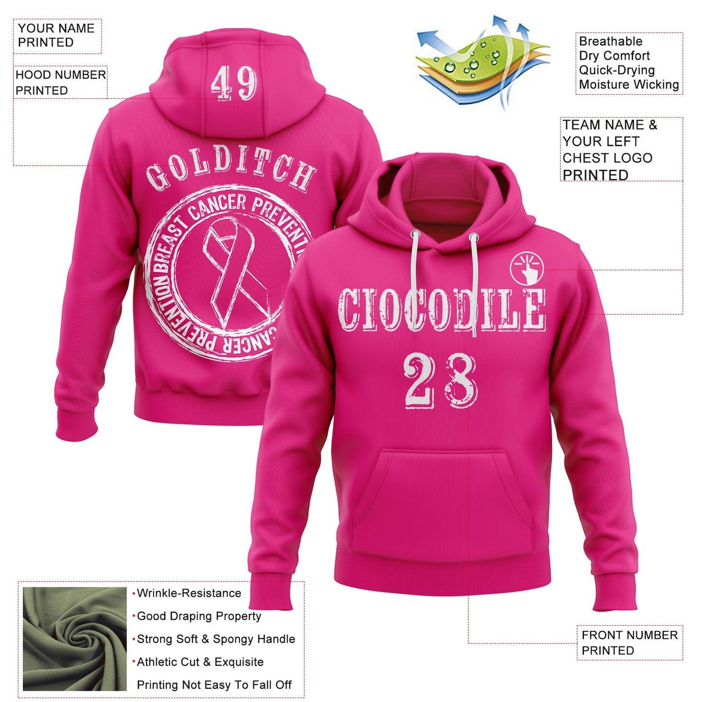 Custom Hot Pink White 3D Pink Ribbon Breast Cancer Awareness Women Health Care Support Sports Pullover Sweatshirt Hoodie view 2